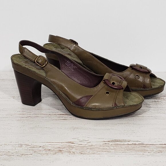 Indigo by Clarks  Olive Green Leather Peep Toe Sling Back Pumps / Heels Size 8.5 - Picture 4 of 7